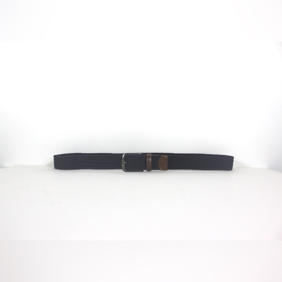 Dark Blue Stretch Belt with Dark Brown Leather Silver Buckle, Leather Detail - Picture 3 of 8